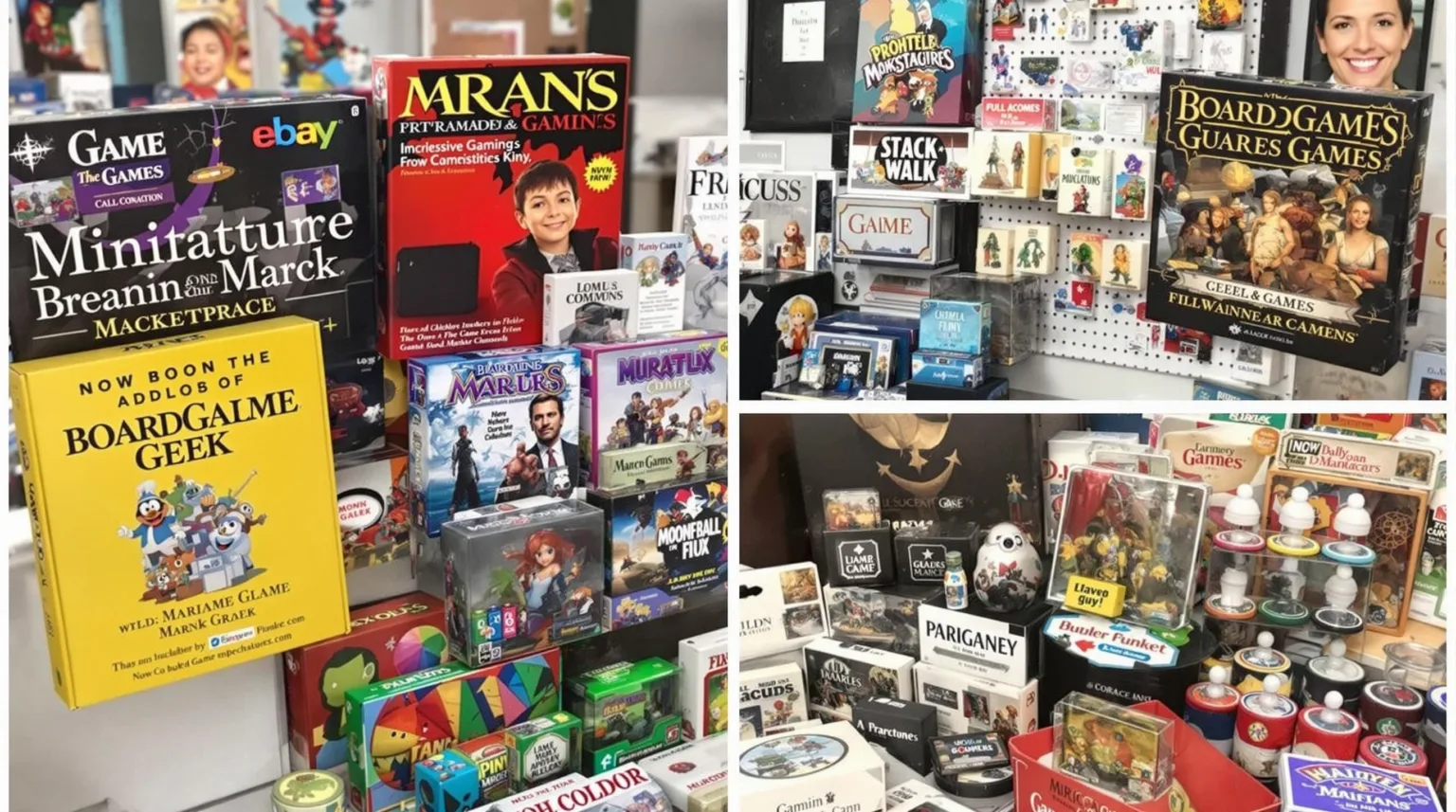 Online and physical retail marketplaces for board game accessories, specifically including Amazon, eBay, Etsy, BoardGameGeek Marketplace, Miniature Market, and local gaming stores