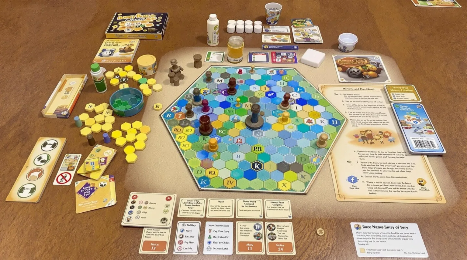 Board game components and setup - Honey Buzz strategy game