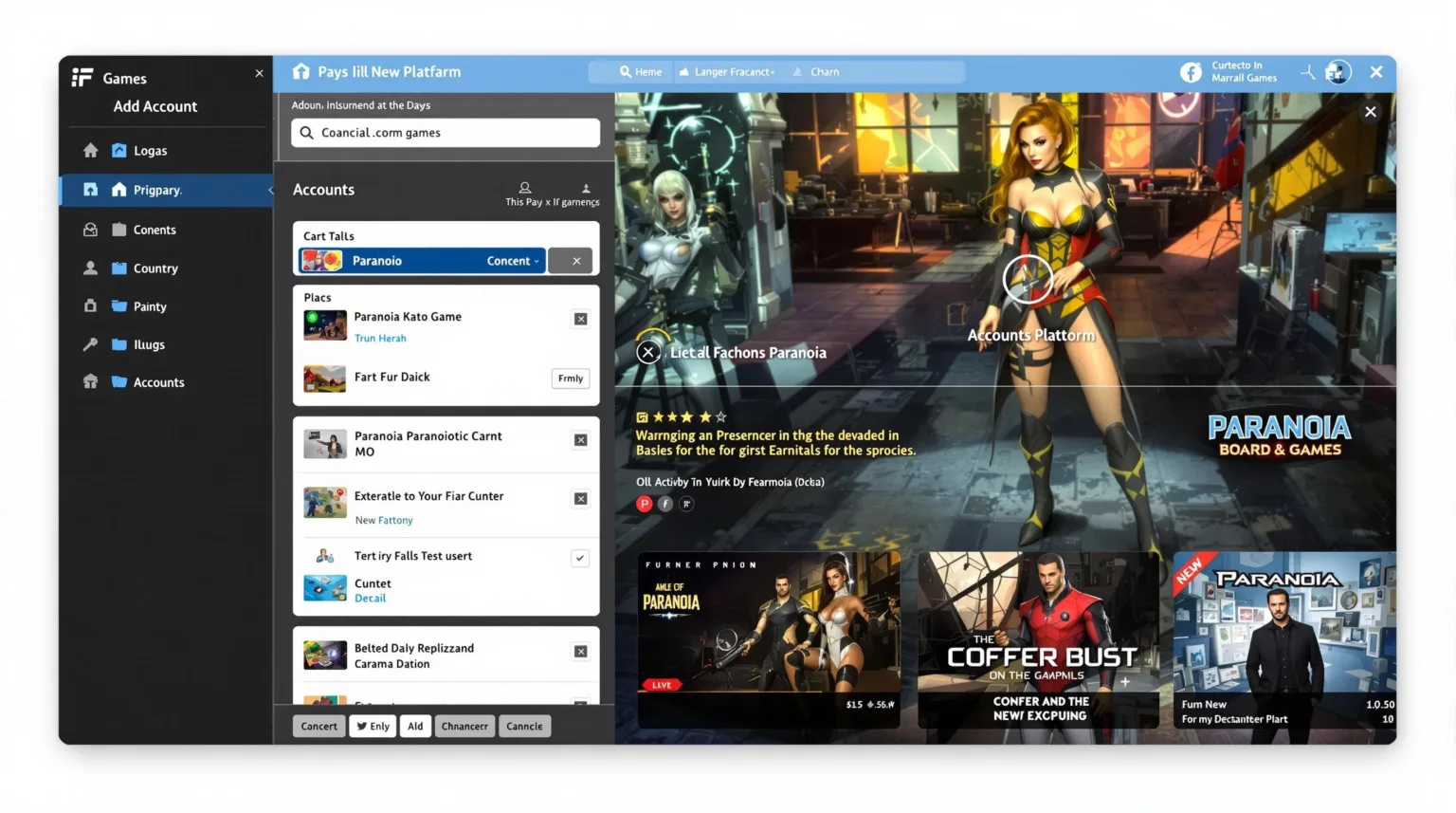 Digital gaming platform account management and content distribution for Paranoia board game