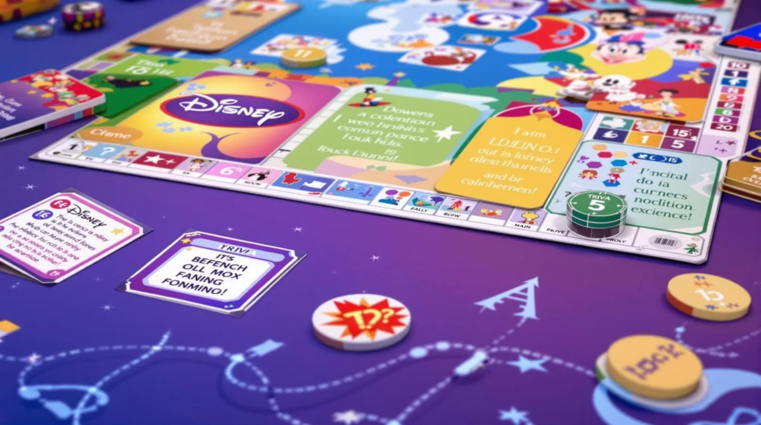 Disney board game components and gameplay mechanics for trivia-based family entertainment