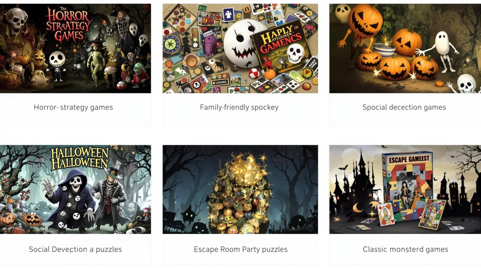 Halloween-themed board gaming genres and types, including horror strategy games, family-friendly spooky games, social deduction party games, escape room puzzles, classic monster games, and themed card games